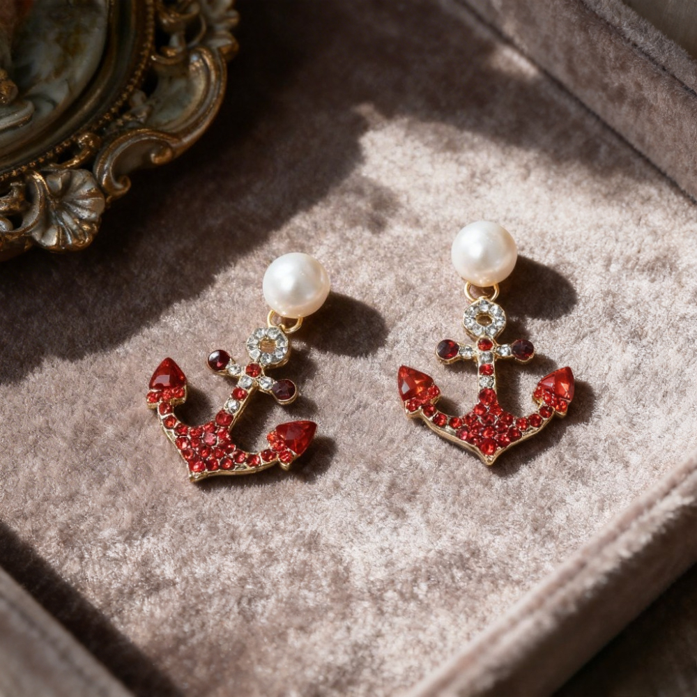 Fashionable Anchor-Shaped Earrings with Imitation Pearls